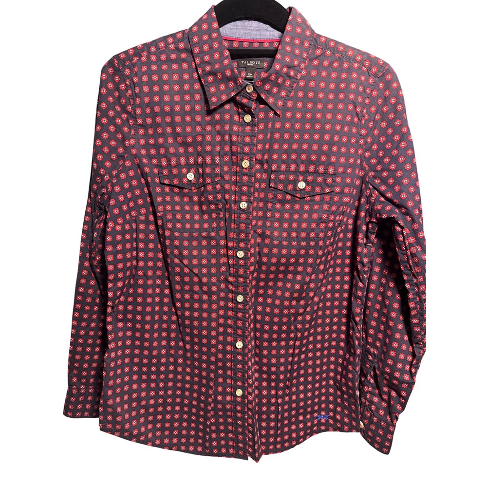 Talbots Petites Navy Red Medallion Print Button Down Shirt 10P Long Sleeve Top
